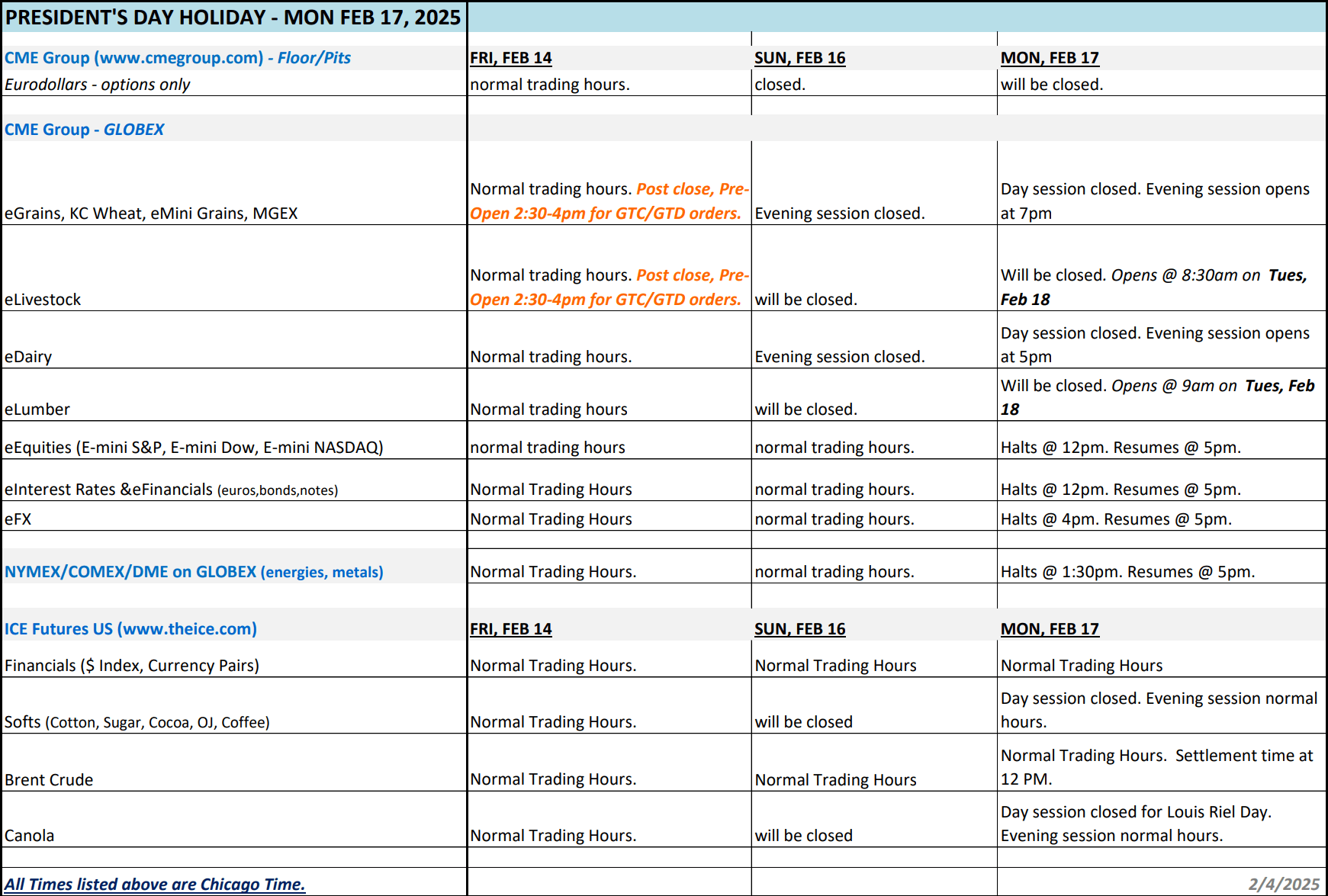 Presidents Day Holiday Trading Hours  Feb 17